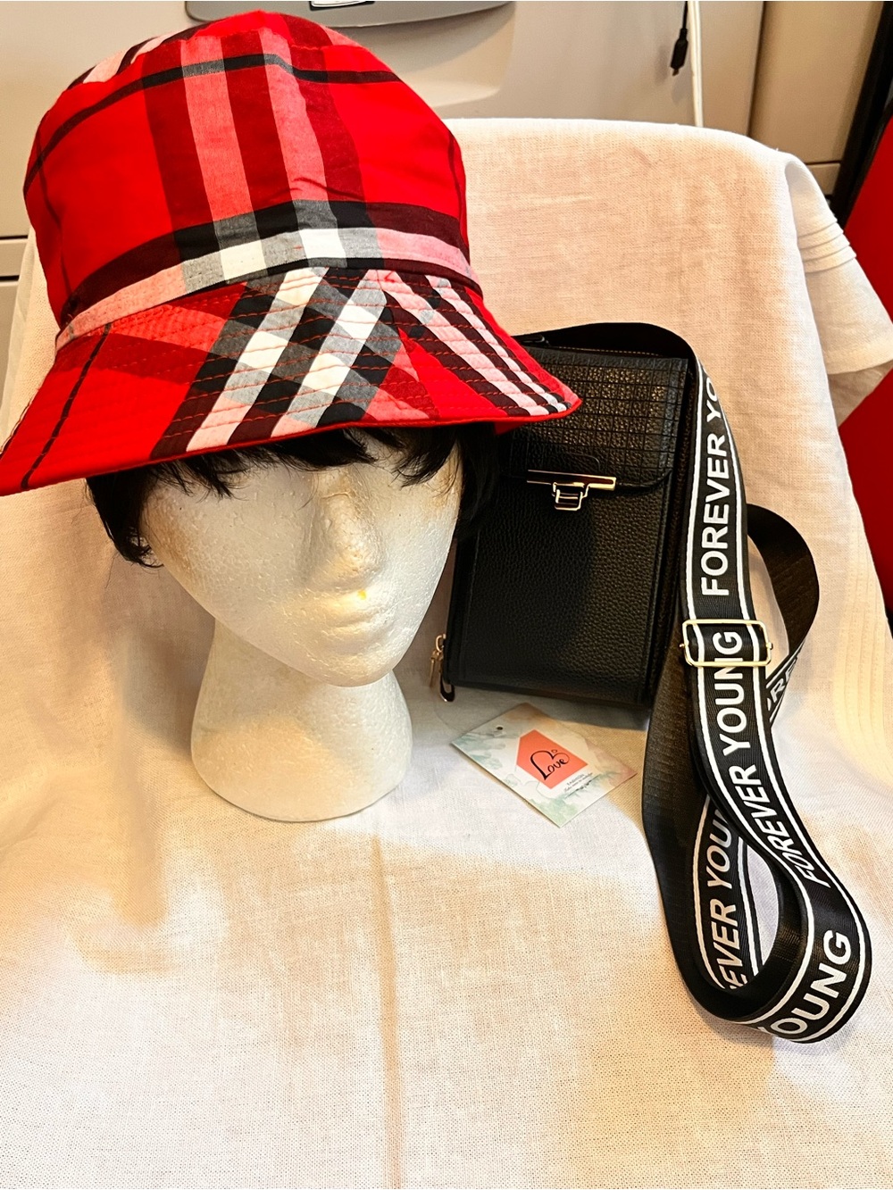 Forever Young Red Plaid Bucket Hat with Black Crossbody bag